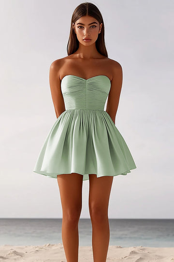 Sage Green Ruched Strapless Graduation Dress